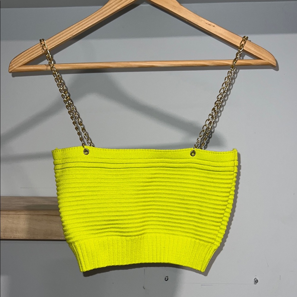 Made in Brazil‎ Neon Yellow Ribbed Knit Chain Strap Crop Top